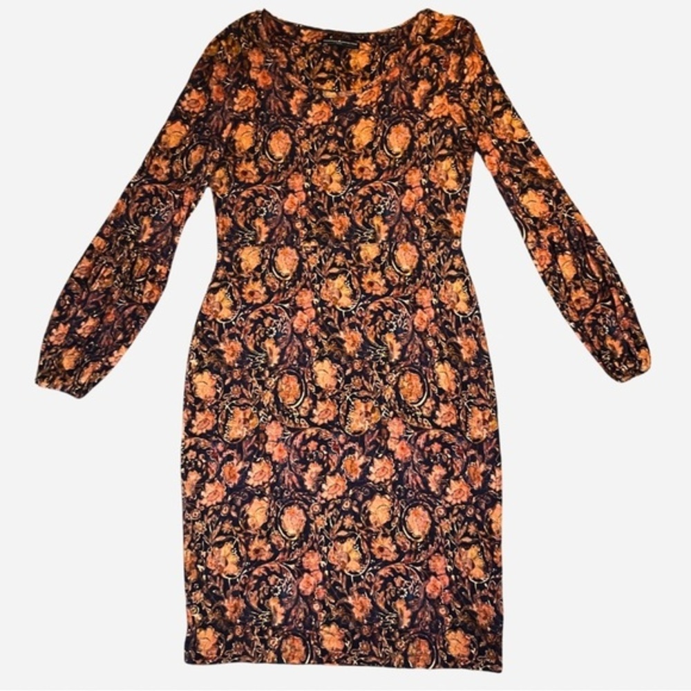 Peruvian Connection Midi Dress | Floral | Orange + Blue | Long Sleeve | Large